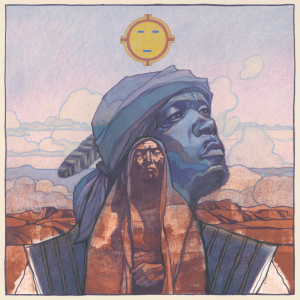Painting of two figures. The first is a small figure wearing a robe in the bottom center with their eyes closed. Behind that, a larger figure wearing a head scarf with a feather looks off to the right. A stylized sun is depicted in the center above both of their heads. Painting by Gary Kelley.