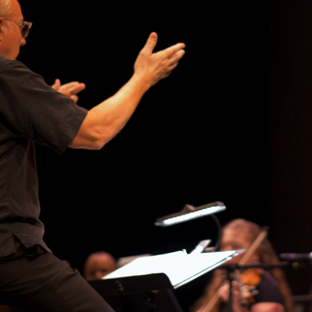 Cropped photo of a hand conducting during a performance of Esteban and the Children of the Sun.